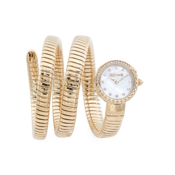 JUST CAVALLI Gold Mother Of Pearl Stainless Steel Snake Triple Wrap Watch - Picture 1 of 2